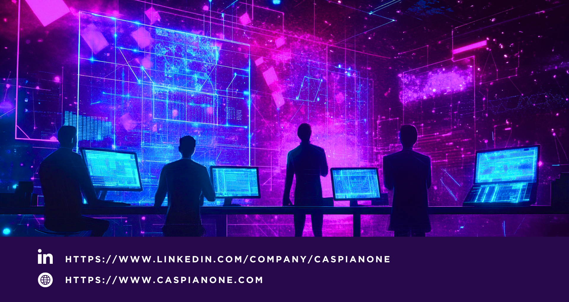 Four silhouettes in front of futuristic computer screens, with LinkedIn and site URLs for Caspian One